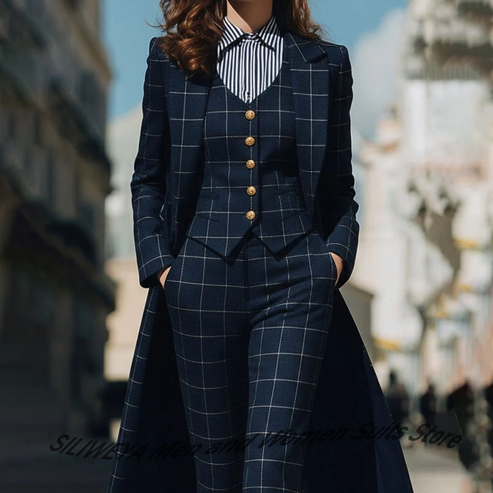 Women Formal Wear Tailor - Sophisticated Navy Blue Women's Plaid Blazers