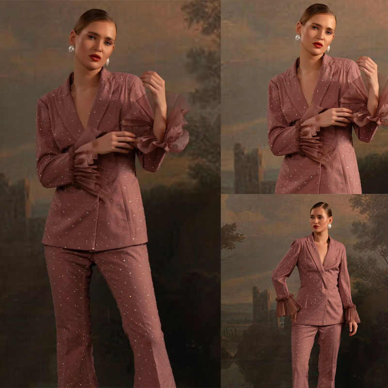Women Formal Wear With Tie - Beads Women Blazer Sets Customized 2
